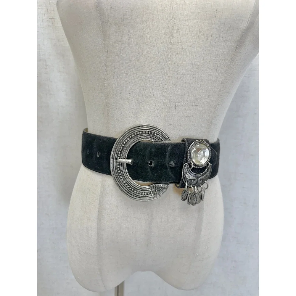 Vintage 90s Black‎ Suede Boho Belt Silver Crescent Buckle Crystal Detail Gypsy